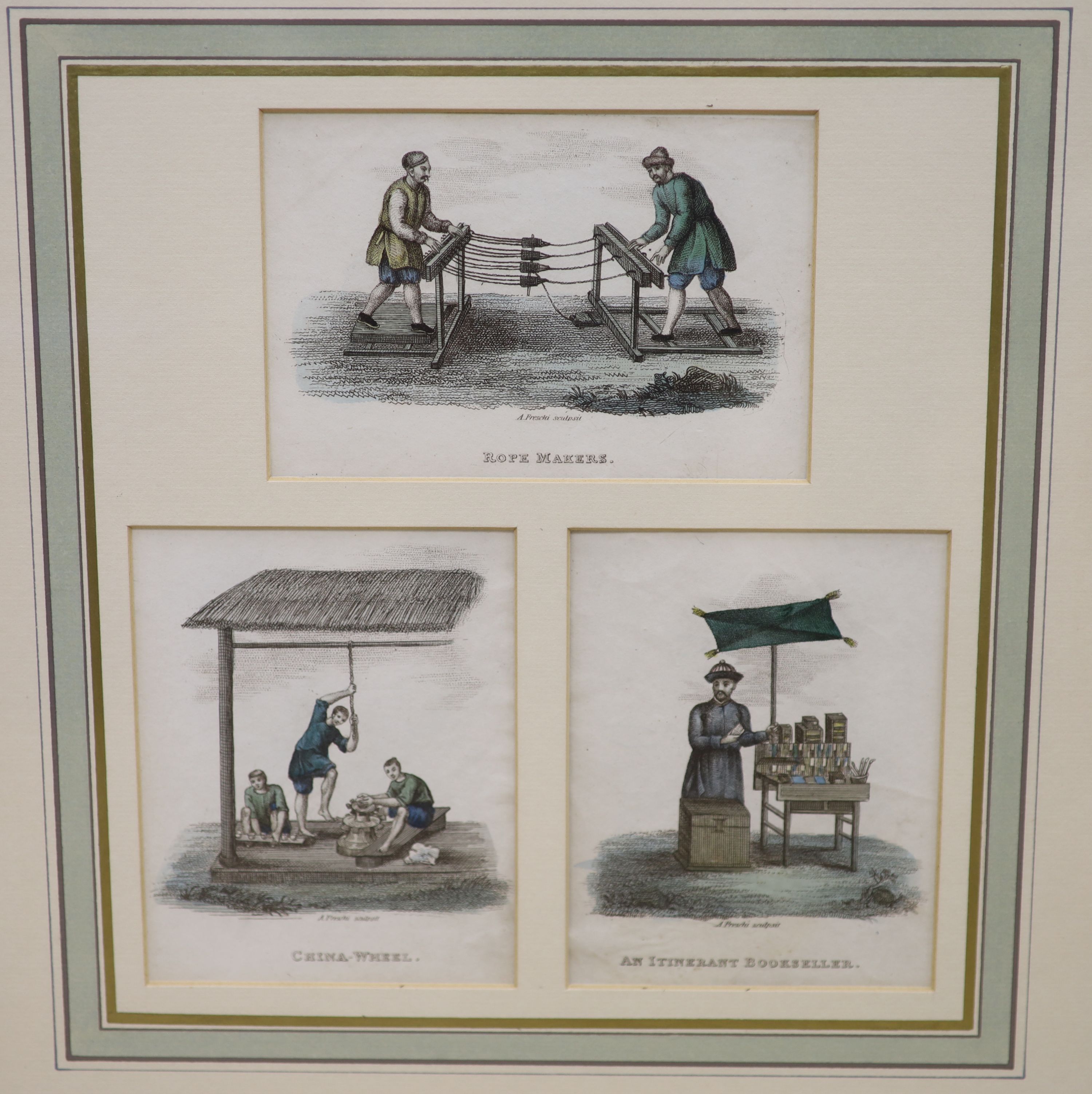 A set of six coloured engravings after A. Preschi of Chinese tradesmen, including silk cord makers, framed as two, overall 24 x 22cm